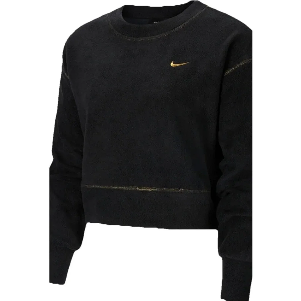 NIKE Women M Therma Icon Clash Fleece Top Gold Stitching Gold Embroidered Swooch